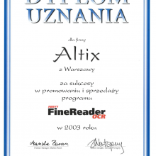 Dyplom dla firmy Altix za osiągnięcia w sprzedaży oraz działania promujące program ABBYY FineReader OCR w roku 2003