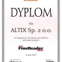 Dyplom dla firmy Altix za osiągnięcia w sprzedaży oraz działania promujące program ABBYY FineReader OCR w roku 2007