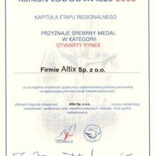 Certyfikat konkursu Lodołamacze 2008, srebrny medal w kategorii „Otwarty Rynek”