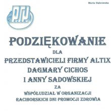 Podziękowanie dla przedstawicieli firmy Altix za współudział w organizacji Raciborskich Dni Promocji Zdrowia