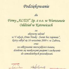 Podziękowania dla firmy Altix Oddział w Katowicach za aktywny udział w V edycji „Dnia Nauki – Świat bez tajemnic”