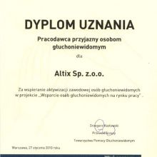 Dyplom uznania „Pracodawca przyjazny osobom głuchoniewidomym” od Towarzystwa P0mocy Głuchoniewidomym