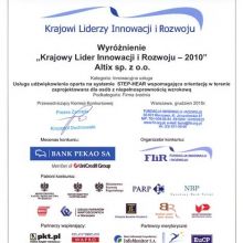 Wyróżnienie „Krajowy Lider Innowacji i Rozwoju – 2010”