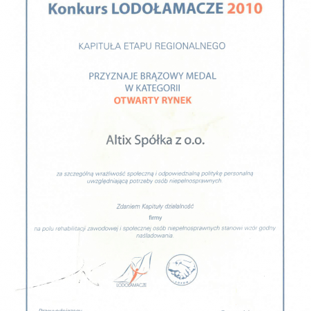 Certyfikat konkursu Lodołamacze 2010, brązowy medal w kategorii „Otwarty Rynek”