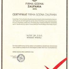 Certyfikat „Firma Godna Zaufania” od Centrum Badania Opinii Klientów Sp. z o.o.