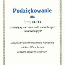 Podziękowanie dla firmy Altix działającej na rzecz osób niewidomych i słabowidzących za dotychczasową współpracę z Kołem PZN w Lipsku