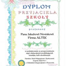 Dyplom Przyjaciela Szkoły od Zespołu Szkół Nr 3 z Oddziałami Integracyjnymi w Rzeszowie