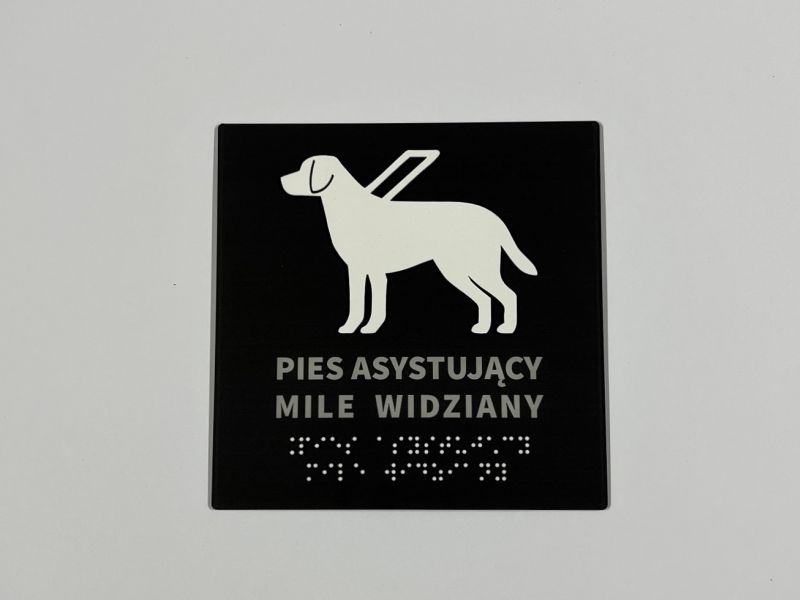 Tabliczka informacyjna w brajlu i czarnym druku z piktogramem  Tabliczka informacyjna w brajlu i czarnym druku z piktogramem