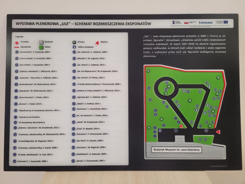 Dotykowy plan rozmieszczenia eksponatów pszczelarskich na plenerowej, stałej ekspozycji w Muzeum im. Jana Dzierżona w Kluczborku Dotykowy plan rozmieszczenia eksponatów pszczelarskich na plenerowej, stałej ekspozycji w Muzeum im. Jana Dzierżona w Kluczborku